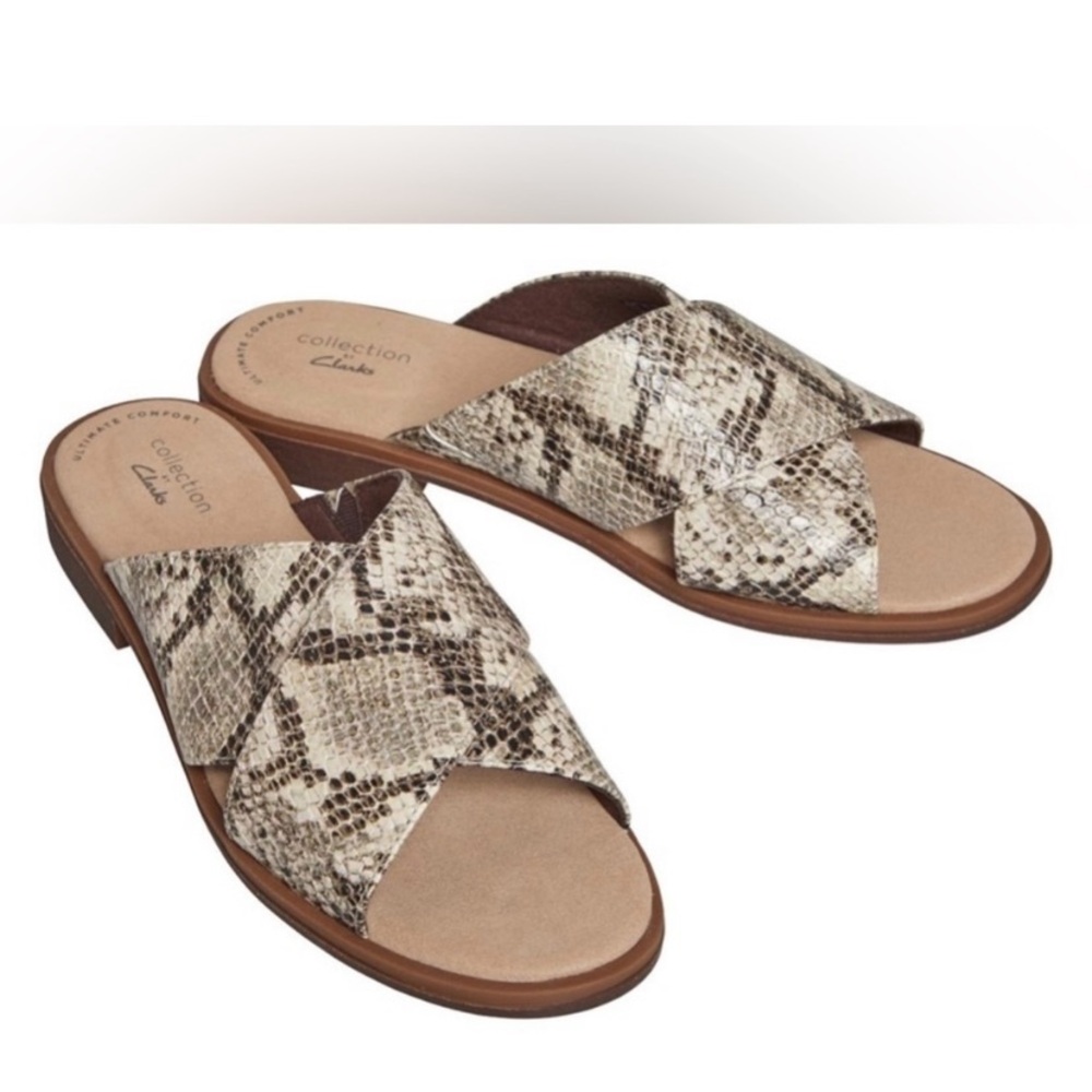 NWT Clarks Declan Ivy Leather Beige Brown Slide On Cross Strap Snakeskin Sandals